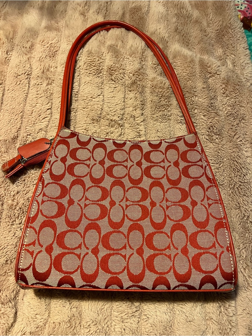 Faux  Red Signature Jacquard Shoulder Bag with Leather Trim